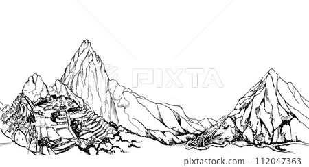 Hand drawn ink vector illustration, mountain landscape scenery Central South America, Machu Picchu terraces. Seamless banner isolated on white background. Design travel, vacation, brochure, print 112047363