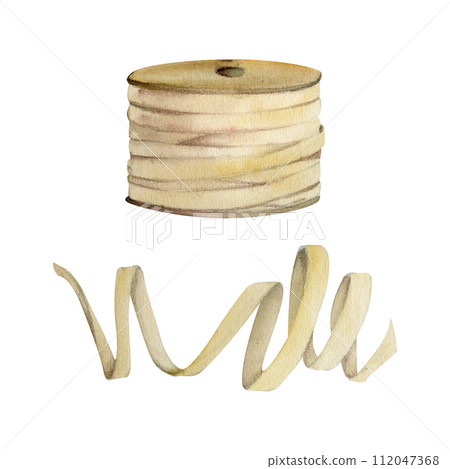 Hand drawn watercolor illustration sewing craft embroidery supplies. Ribbon bobbins fabric strap streamer serpentine. Set of objects isolated on white background. Design atelier, tailor, hobby shop 112047368