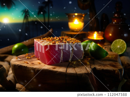 Raw Tuna steak served in fish restaurant at the tropical beach. Ai generative 112047388