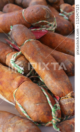 Aromatic Sobrasada Sausages, a Balearic Delicacy Displayed at a Local Market 112047525