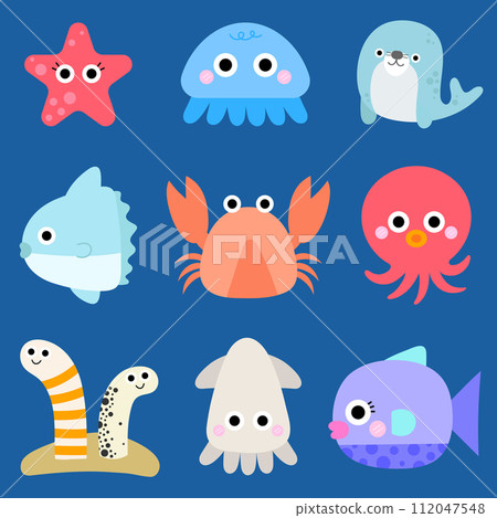 Cute Sea Animal in Children Style Cartoon fish Vector illustration Sea set 112047548