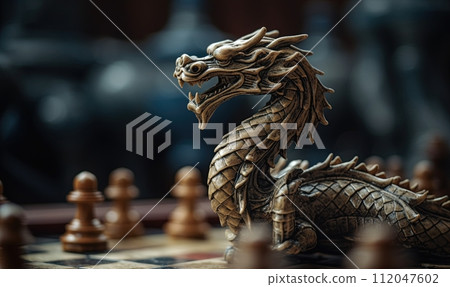 Chinese dragon figurine on the chess board. Generative Ai illustration 112047602