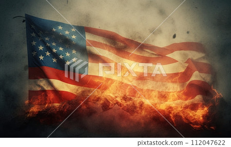 Burning flag of United States of America. Generative Ai illustration 112047622