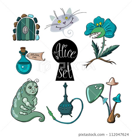 Alice in Wonderland Set with caterpillar, magic drink, door, keyhole, predatory flower, Cheshire cat and mushrooms. Vector illustration. Alice in Wonderland Set with caterpillar, magic drink, door, keyhole, predatory flower, Cheshire cat and mushrooms. Vector illustration. 112047624