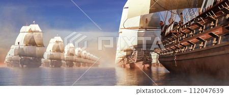 Timeless Voyage: Ghostly Fleet of Galleons Sailing through Mist 112047639