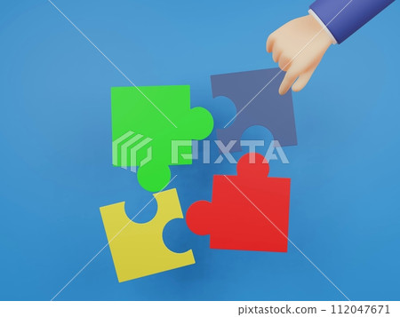 3D illustration of a hand holding a puzzle piece 3D illustration of a hand holding a puzzle piece 112047671