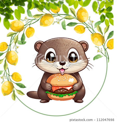 A cute small-clawed otter eats his favorite hamburger. vinegar. 112047698