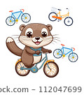 A cute small-clawed otter is enjoying various bicycles. 112047699