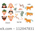 Set of Isolated Elements with Cartoon Cowboys, Snake, Cactus, Horses, Cowboy Hat, Lasso and Hand Lettering. Children's Wild West Design. Western. 112047831