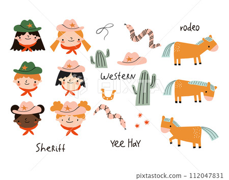 Set of Isolated Elements with Cartoon Cowboys, Snake, Cactus, Horses, Cowboy Hat, Lasso and Hand Lettering. Children's Wild West Design. Western. Set of Isolated Elements with Cartoon Cowboys, Snake, Cactus, Horses, Cowboy Hat, Lasso and Hand Lettering. Children's Wild West Design. Western. 112047831