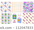 Teacher's Day. Back to School. Set of patterns and prints with Stationery. Multi-colored Pencils, Scissors, Vase, Multi- colored Package. Abstract seamless patterns. Teacher's Day. Back to School. 112047833
