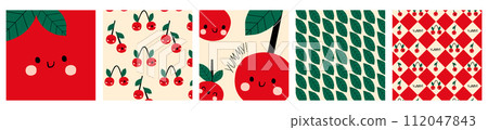 set of cards design and seamless patterns with cute fresh cherry and greenery. Summer print with Cherry. Cute print for fabric or wallpaper. Cute berry character illustration set of cards design and seamless patterns with cute fresh cherry and greenery. Summer print with Cherry. Cute print for fabric or wallpaper. Cute berry character illustration 112047843