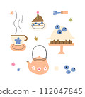 Isolated objects on white: vase with flowers, socks, tea, notepad, pencil, bag with blueberries, berry cake, pie, teapot and bow. Vector illustration 112047845