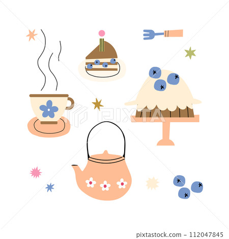 Isolated objects on white: vase with flowers, socks, tea, notepad, pencil, bag with blueberries, berry cake, pie, teapot and bow. Vector illustration 112047845