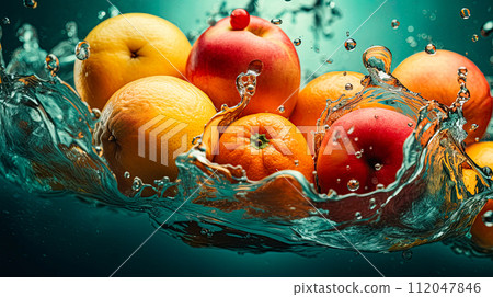 Fresh fruits - Oranges and apples falling in water and making a splash. Refreshing, vibrant summer concept. Ai generative 112047846