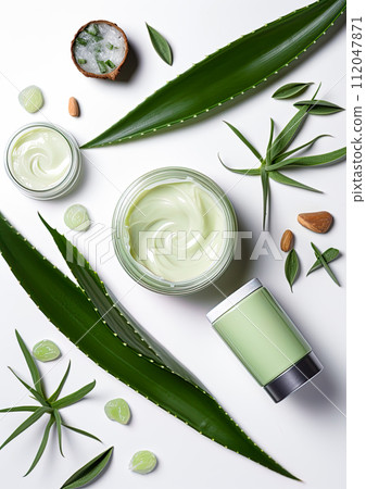 Aloe Vera cosmetic and  healthcare products. Skin cream and body lotion. Flat lay, top view. Generative Ai 112047871
