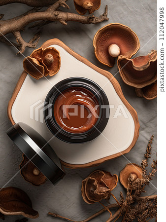 Ganoderma Lucidum, Reishi, Lingzhi mushroom cosmetics and healthcare products. Skincare cream and lotion. Flatlay, top view. Generative Ai image 112047998