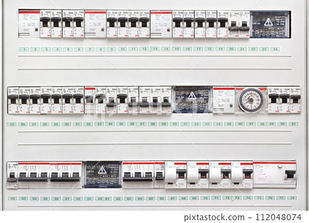 electrical panel with fuses closeup electrical panel with fuses closeup 112048074