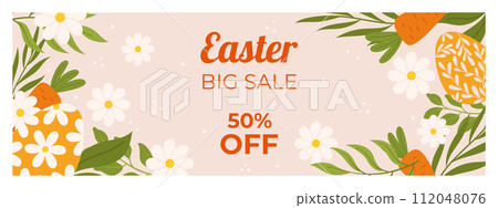 Easter sale horizontal banner template for promotion. Design with painted eggs, flowers with leaves, carrot 112048076