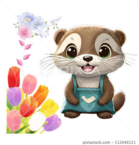 A cute small-clawed otter is opening a flower shop. 112048121