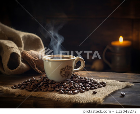 Steaming hot cup of coffee and roasted coffee beans on the table in old, rustic kitchen. Generative Ai Steaming hot cup of coffee and roasted coffee beans on the table in old, rustic kitchen. Generative Ai 112048272