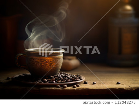 Steaming hot cup of coffee and roasted coffee beans on the table in old, rustic kitchen. Generative Ai 112048273