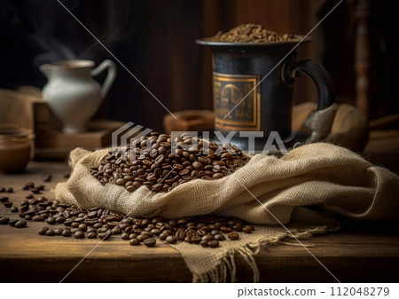 Coffee beans in a sack on the rustic kitchen table. Ai generative 112048279