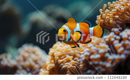 A vibrant clownfish nestles among the undulating tentacles of its protective anemone home. Generative AI. 112048280
