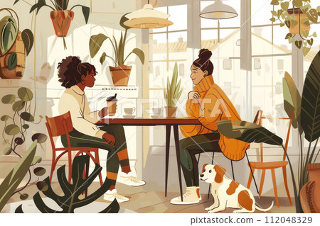 AI-generated content. two women with dog in scandinavian cafe with coffee, different skin color women 112048329