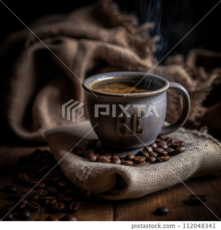Cup of coffee and roasted coffee beans on the table in old, rustic kitchen. Ai Generative image Cup of coffee and roasted coffee beans on the table in old, rustic kitchen. Ai Generative image 112048341