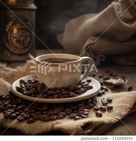 Cup of coffee and roasted coffee beans on the table in old, rustic kitchen. Ai Generative image Cup of coffee and roasted coffee beans on the table in old, rustic kitchen. Ai Generative image 112048343