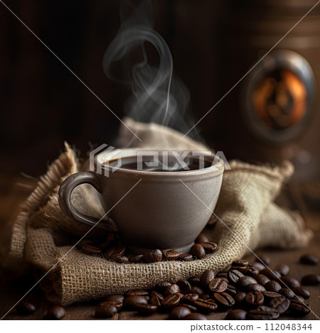 Cup of coffee and roasted coffee beans on the table in old, rustic kitchen. Ai Generative image Cup of coffee and roasted coffee beans on the table in old, rustic kitchen. Ai Generative image 112048344