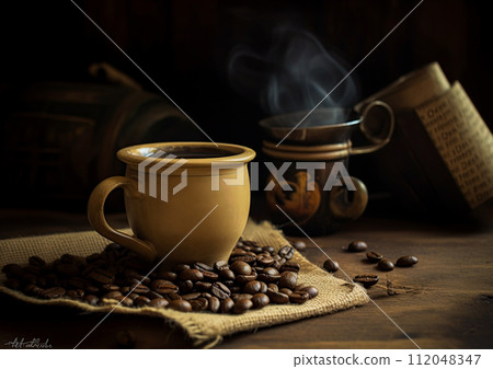 Cup of coffee and roasted coffee beans on the table in old, rustic kitchen. Ai Generative image Cup of coffee and roasted coffee beans on the table in old, rustic kitchen. Ai Generative image 112048347