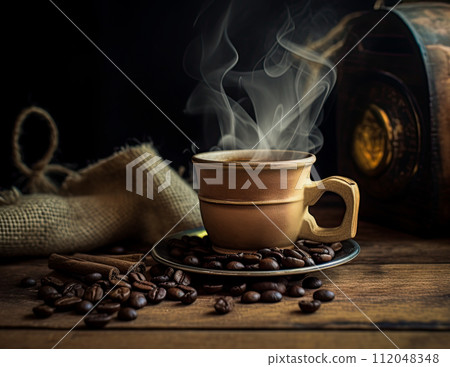 Cup of coffee and roasted coffee beans on the table in old, rustic kitchen. Ai Generative image Cup of coffee and roasted coffee beans on the table in old, rustic kitchen. Ai Generative image 112048348