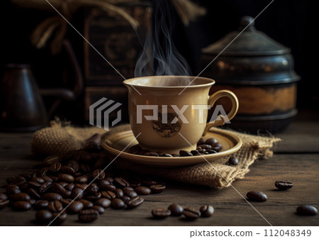 Cup of coffee and roasted coffee beans on the table in old, rustic kitchen. Ai Generative image 112048349