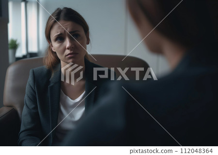 Concerned Young Woman in Therapy Session 112048364