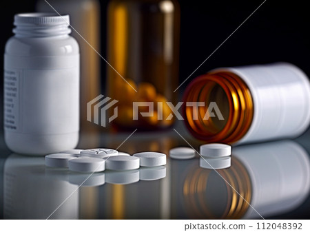 Opioid, Oxycodone prescription pills spilled onto a table with bottles in the background. Addiction prescription pain killer tablets. Ai Generative image 112048392
