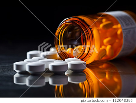 Oxycodone, Opioid prescription pills spilled onto a table. Addiction prescription pain killer tablets. Ai Generative image 112048395