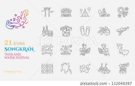 Songkran icon linear style for celebrate thailand water festival buddhism new year 112048397