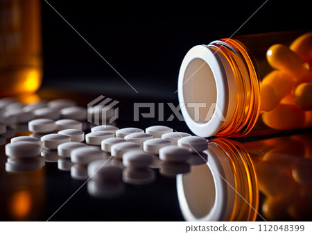 Oxycodone, Opioid prescription pills spilled onto a table. Addiction prescription pain killer tablets. Ai Generative image 112048399