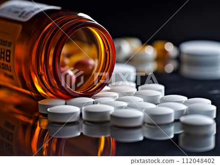 Oxycodone, Opioid prescription pills spilled onto a table. Addiction prescription pain killer tablets. Ai Generative image 112048402