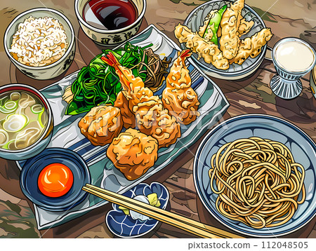 蕎麥麵和天婦羅套餐（復古風格素描） 112048505
