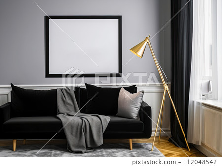 Picture mock up on the wall in living room with sofa and a lamp. Empty space for a text or image. Copy space, add design. Ai generative 112048542