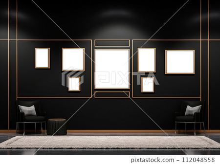 Picture mock up with many picture frames on the wall in gallery. Empty space for a text or image. Copy space, add design. Ai generative 112048558