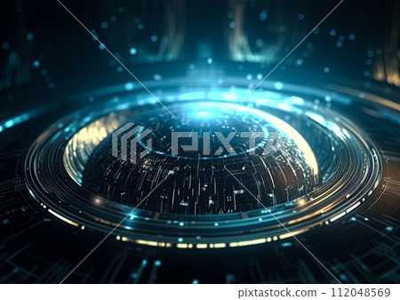 Hologram portal. Futuristic portal. Teleport podium with hologram effect. High tech futuristic technology design. Sci-fi technology and robotics. Ai Generative 112048569