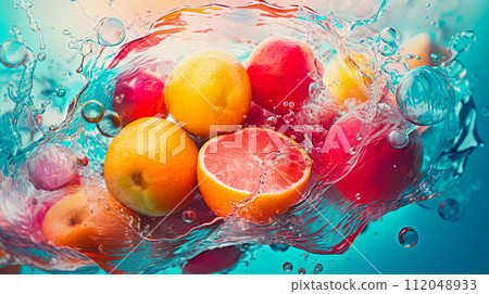 Oranges, lemons and apples in a splash of water. Refreshing, vibrant summer banner. Ai generative 112048933