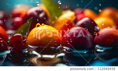 Fresh fruits - oranges,apples, and cherries in a splash of water. Refreshing, vibrant summer banner. Generative Ai image 112048938