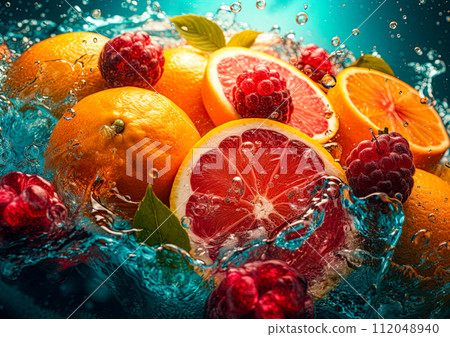 Fresh fruits - oranges and raspberries falling in water and making a splash. Refreshing, vibrant summer concept. Ai generative 112048940