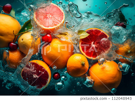 Fresh fruits - oranges, lemons and cherries falling in water and making a splash. Refreshing, vibrant summer concept. Ai generative 112048943