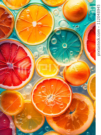 Citrous fruit slice on ice cubes. Background, banner image. Generative Ai 112048945